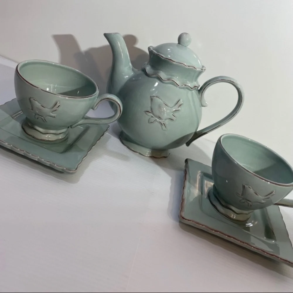 Vintage Tea Set Bird Teapot Teacup Delicate Floral Hand Painted Hand Crafted Art